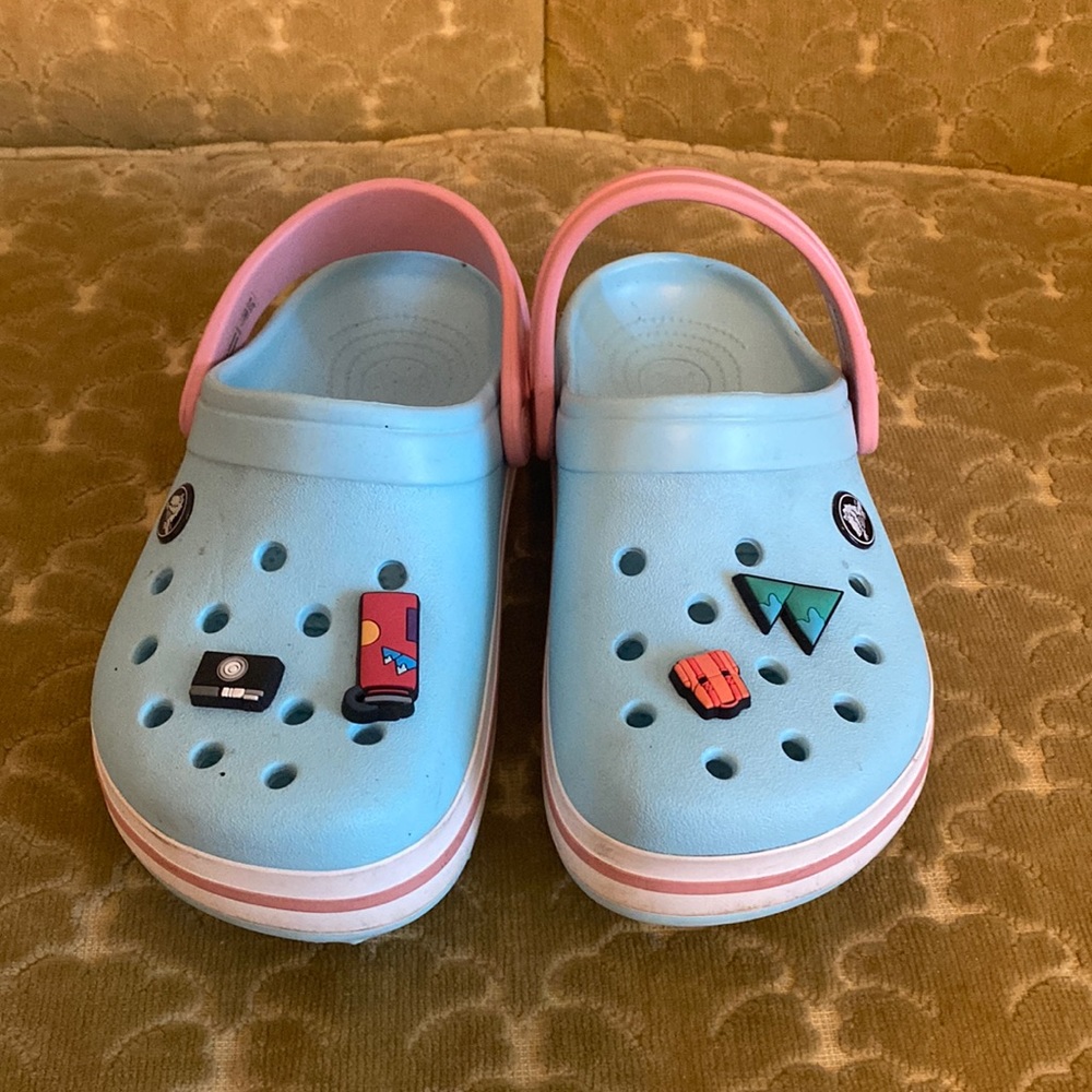 Blue and pink crocs size 2